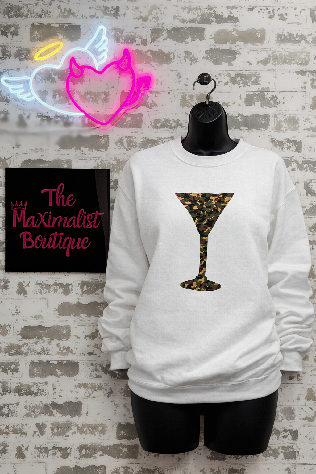 Camo Cocktails Sweatshirt – White Pullover with Camouflage Cocktail Graphic