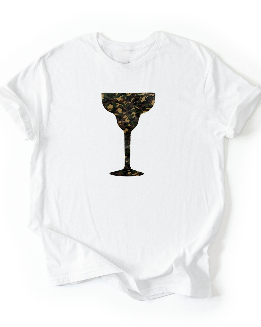 White t-shirt with a camo print cocktail glass design on a white background