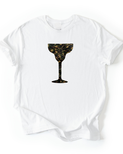 White t-shirt with a camo print cocktail glass design on a white background