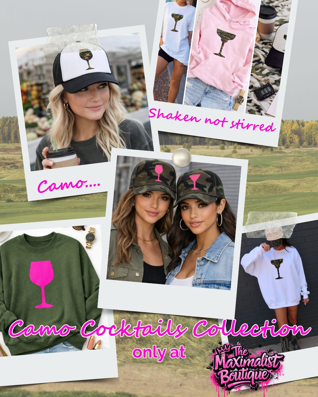 Collage of fashion items with 'Camo Cocktails Collection' branding from The Maximalist Boutique.