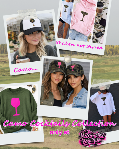 Collage of fashion items with 'Camo Cocktails Collection' branding from The Maximalist Boutique.