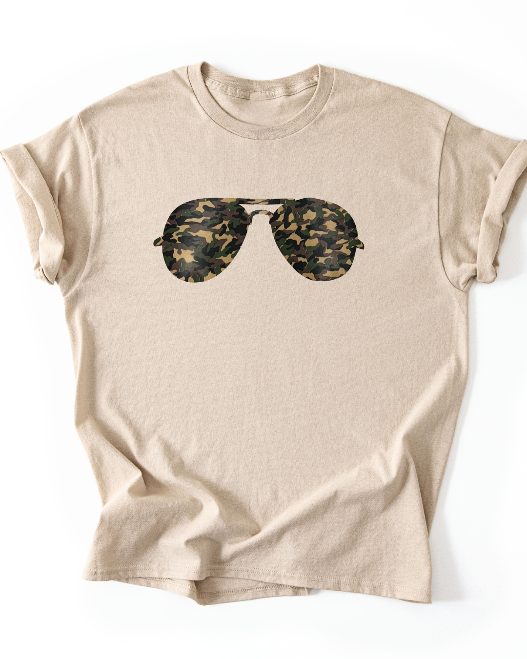 Beige t-shirt with camouflage sunglasses graphic on a white background