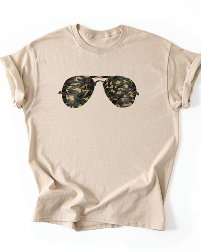 Beige t-shirt with camouflage sunglasses graphic on a white background