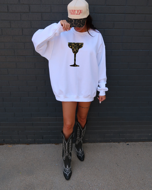 Camo Cocktails Sweatshirt – White Pullover with Camouflage Cocktail Graphic