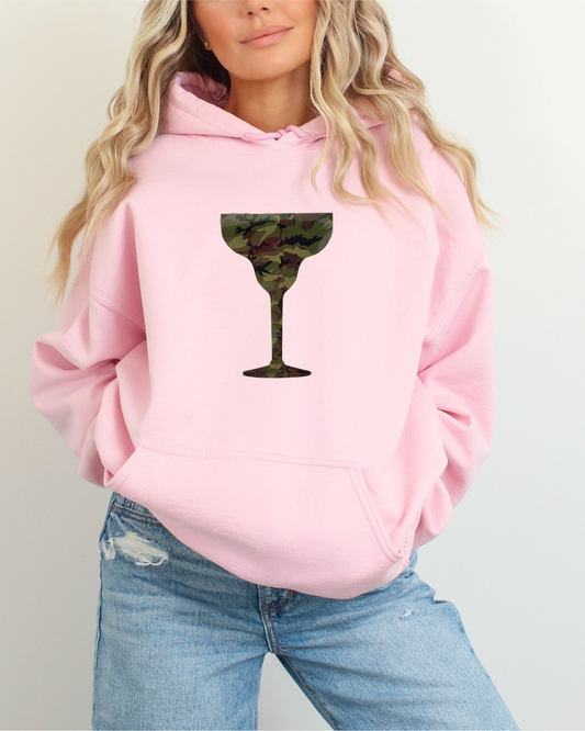 Camo Cocktails Hoodie – Pale Pink with Green Camo Cocktail Glass Graphic on model