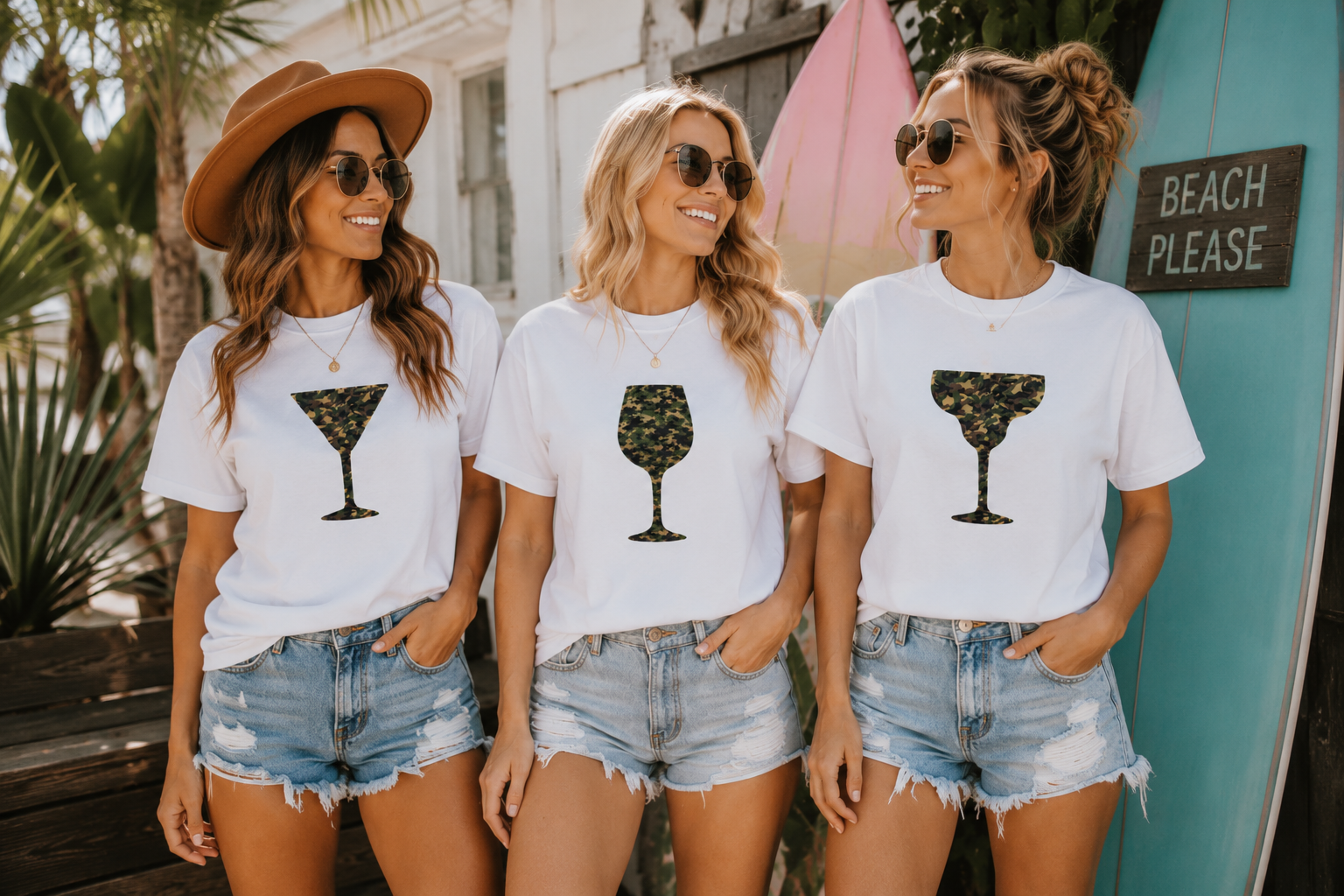 Three women wearing matching white graphic t-shirts with camo cocktail glass designs, styled with denim shorts and sunglasses in a beach-themed setting.
