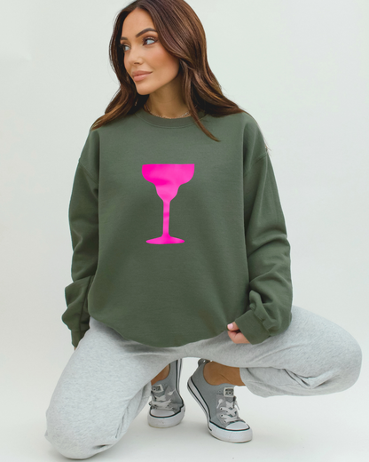 Camo Green Sweatshirt – Neon Pink Cocktail Glass Graphic from Camo Cocktails Collection on model