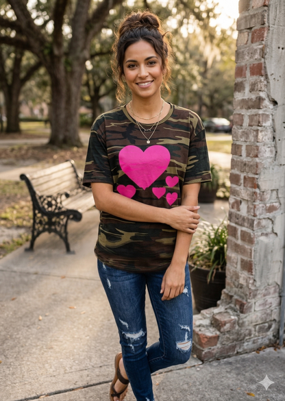 Camo Heart Pop Tee – Camo T-Shirt with Hot Pink Bubble Heart Graphic