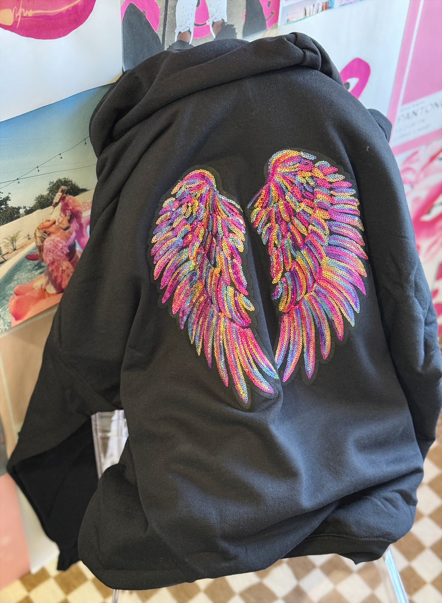 Celestial Glow Hoodie – Black with Multicolored Sequin Angel Wings & Metallic Strings