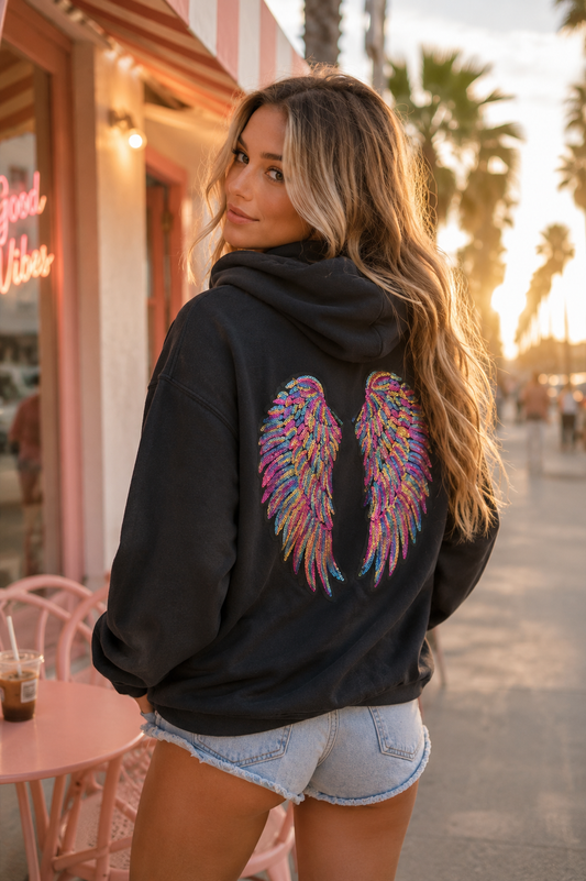 Model wearing hoodie with sequin angel wings
