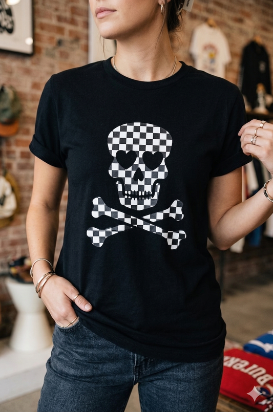 Checkerboard Skull Tee – Black T-Shirt with Skull & Crossbones Graphic