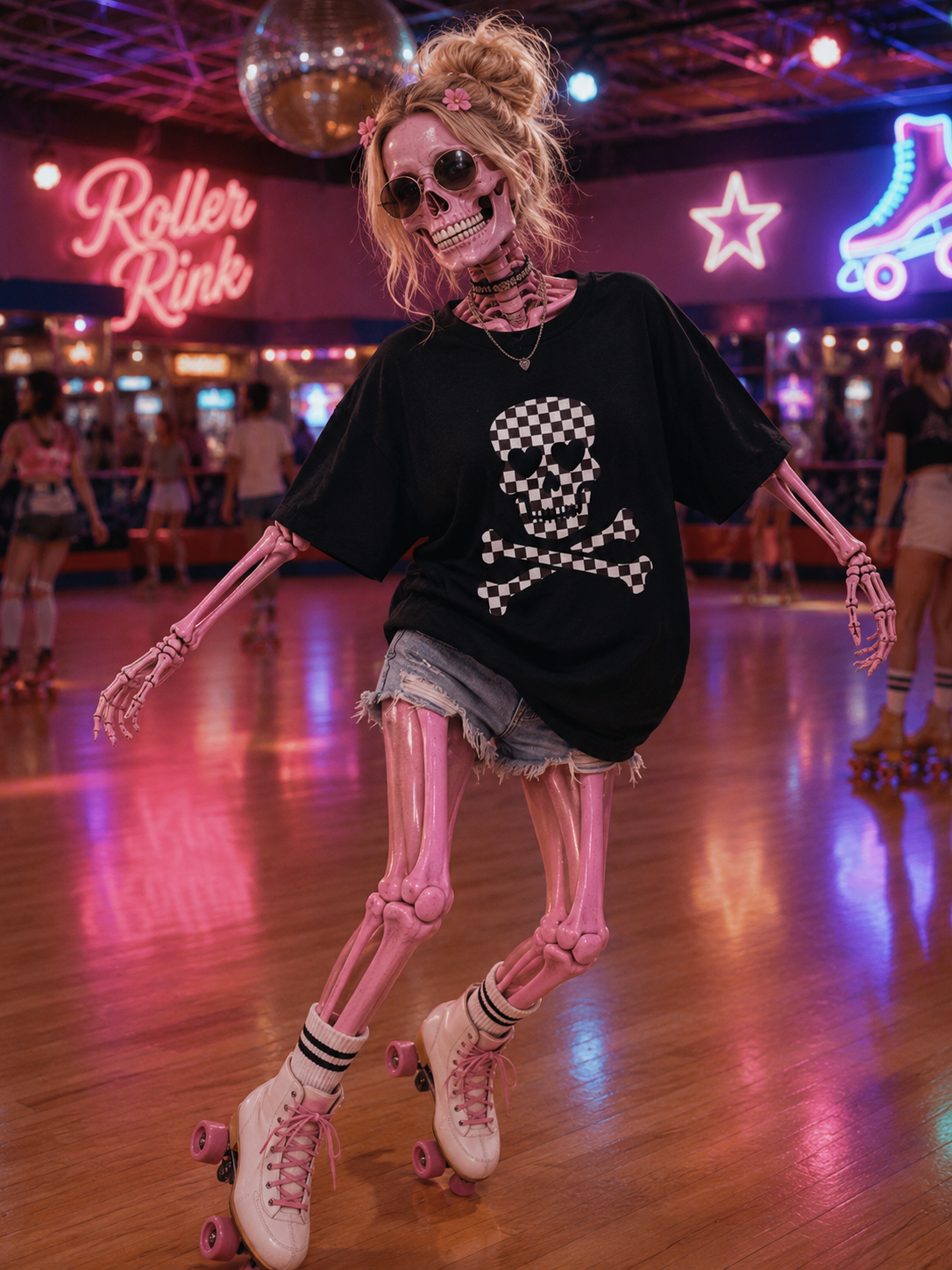 Skeleton roller skating wearing a black checkerboard skull graphic tee
