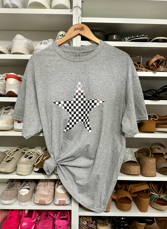Checkerboard Star Tee – Gray T-Shirt with Black & White Checkerboard Star Graphic