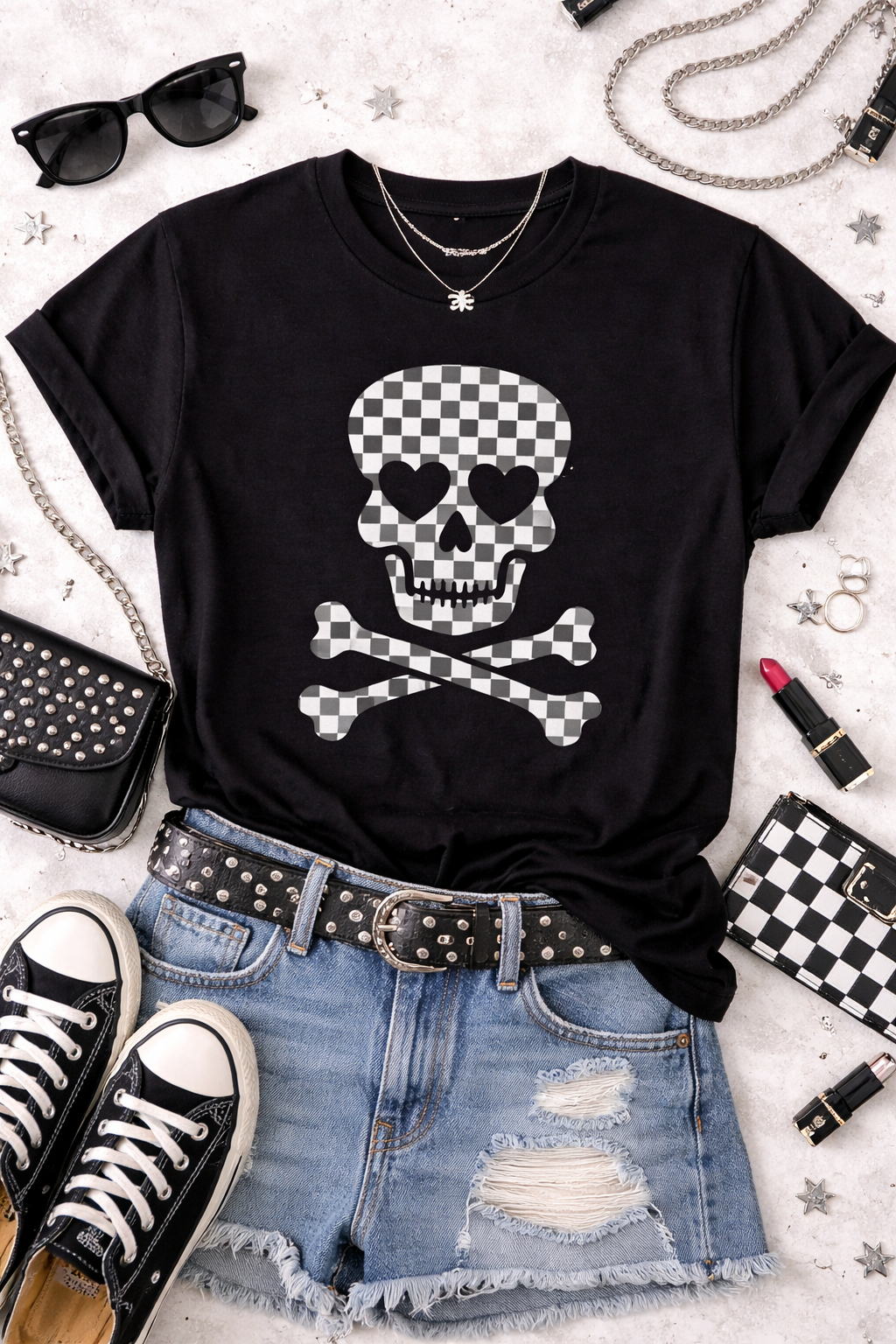 Checkerboard Skull Tee – Black T-Shirt with Skull & Crossbones Graphic