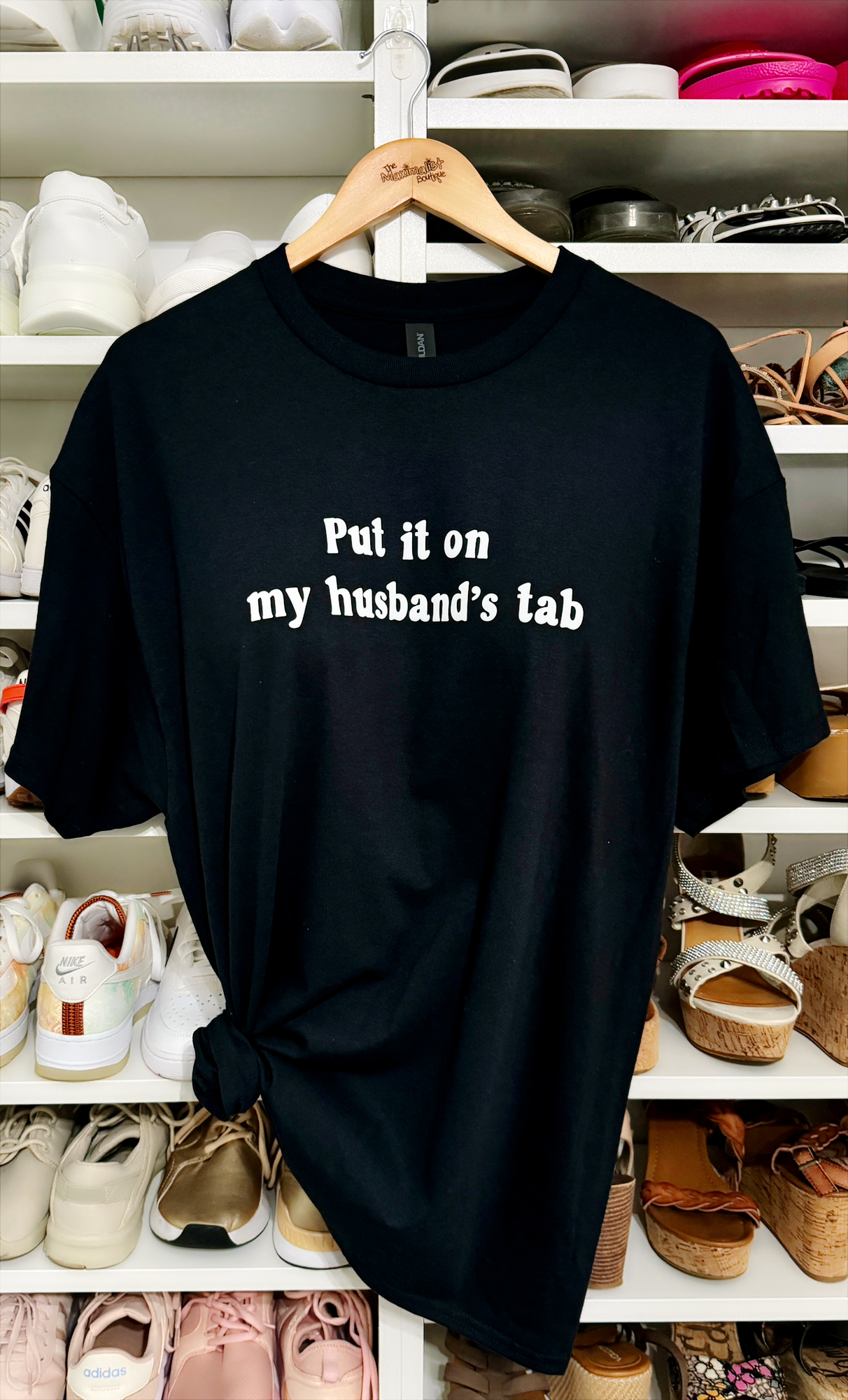 Cheers in Style | Black T-Shirt with "Put It on My Husband's Tab" Graphic