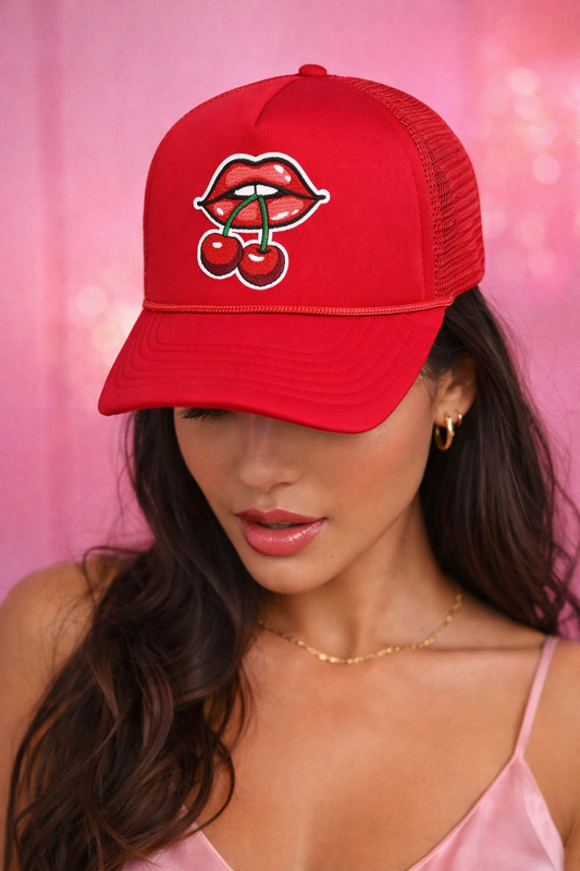 Cherry Kiss Trucker Hat – Red Snapback with Cherries & Lips Graphic