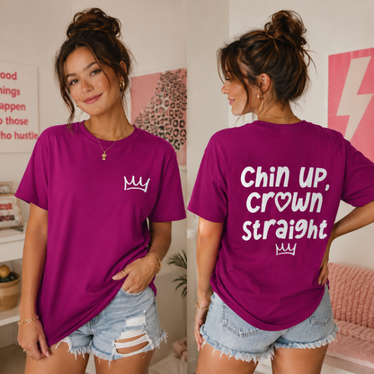 Woman wearing a purple t-shirt with a crown design on the front and 'Chin Up, Crown Straight' text on the back.