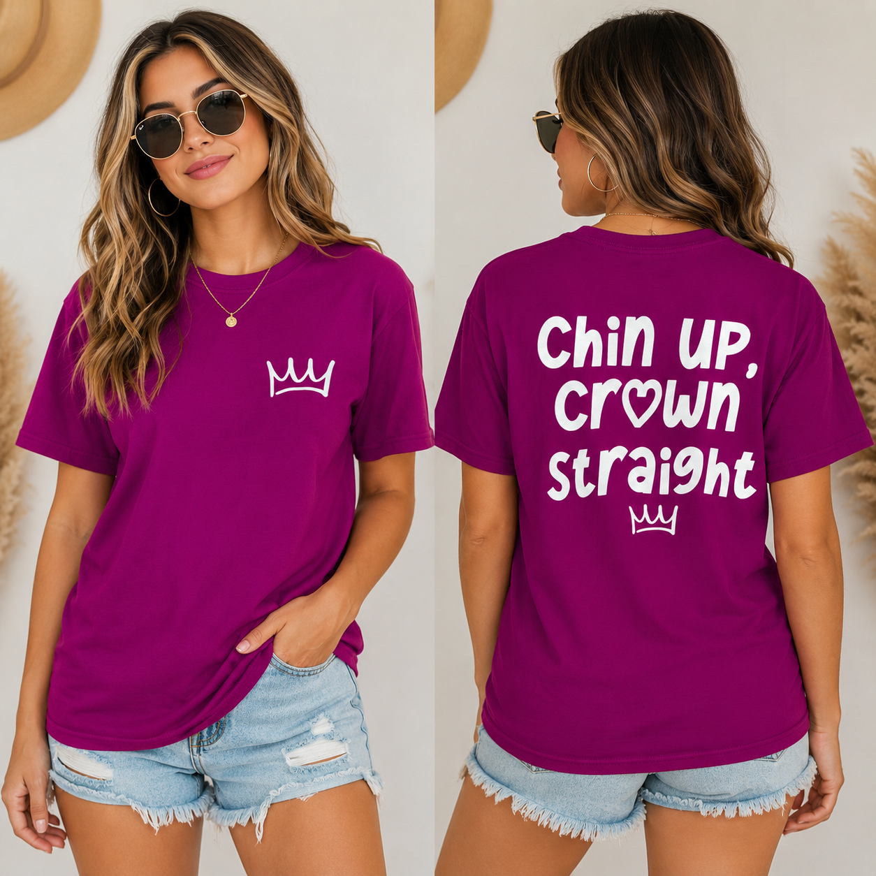 Woman wearing a berry t-shirt with a crown logo on the front and 'Chin Up, Crown Straight' text on the back.