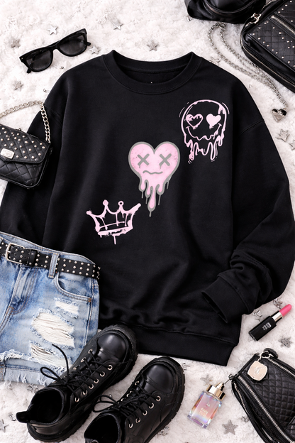 Crowned Chaos Sweatshirt – Black Pullover with Pink Graffiti Skull & Crown Graphic