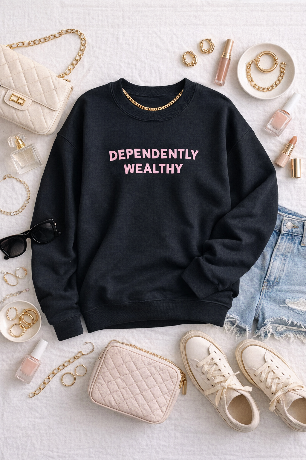 Dependently Wealthy Sweatshirt – Black Pullover with Pink Graphic Text