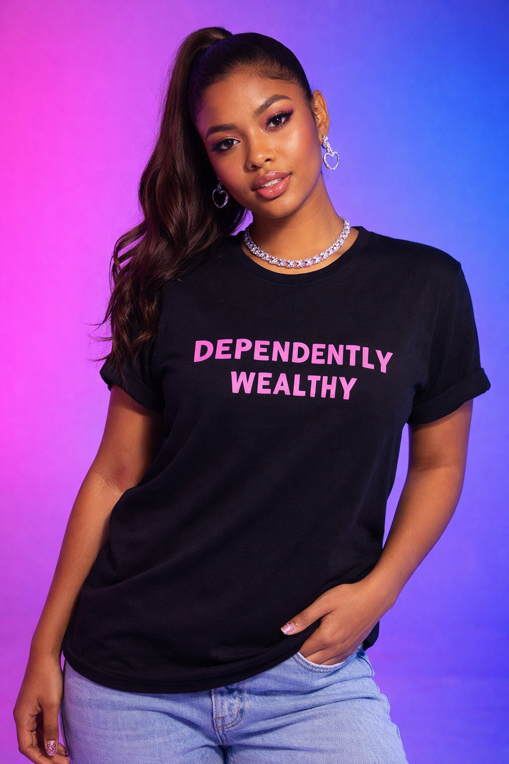Woman wearing a black t-shirt with 'DEPENDENTLY WEALTHY' text on a gradient purple and blue background