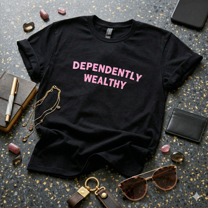 Black t-shirt with 'DEPENDENTLY WEALTHY' text on a textured surface with accessories.