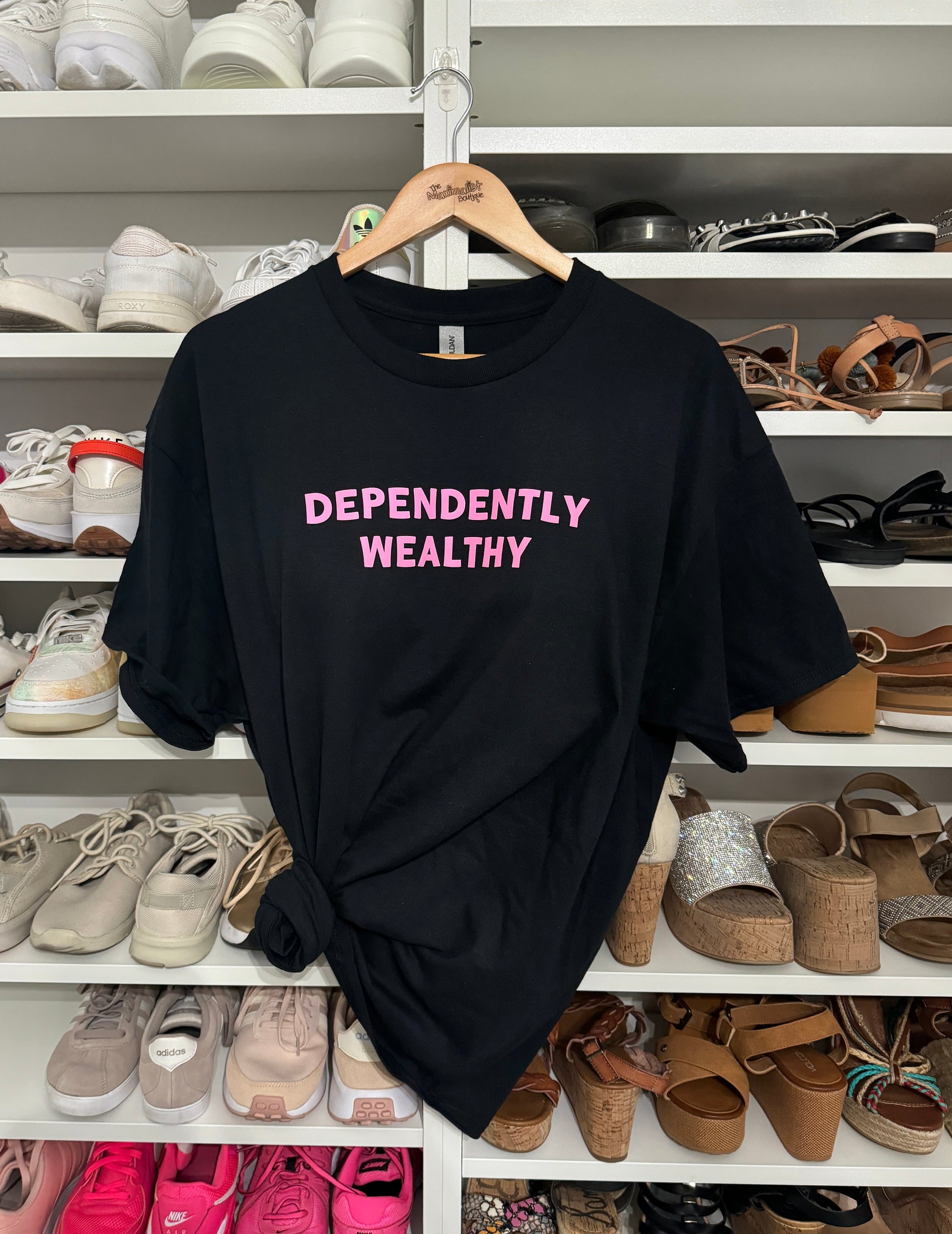Dependently Wealthy Tee – Black Tee with Light Pink Graphic Statement