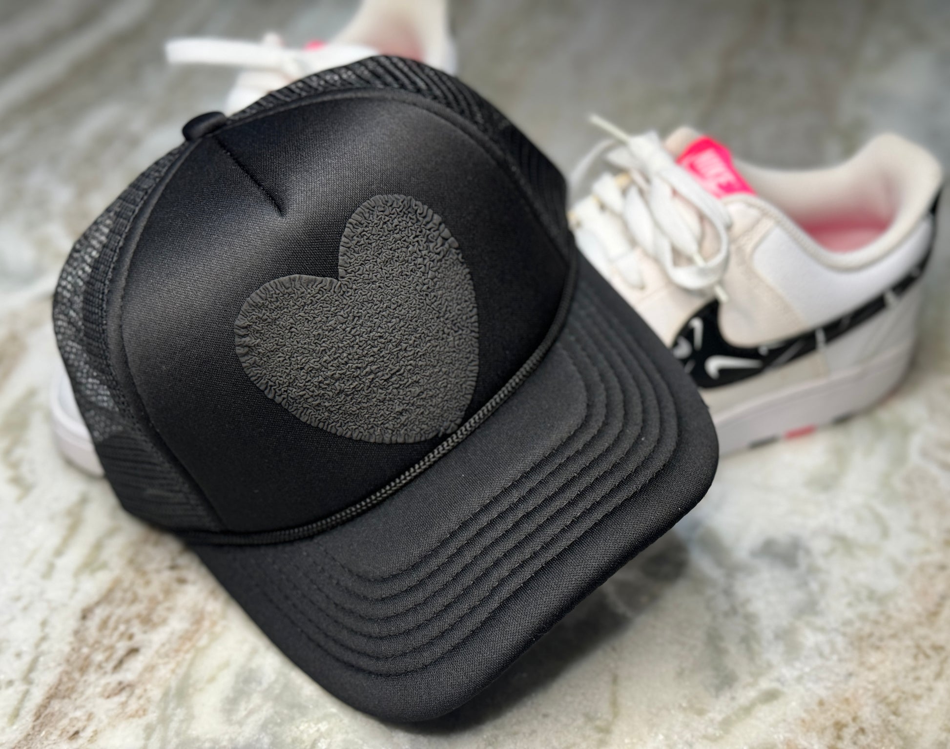 Effortlessly Cool | Black Trucker Hat with Puffy Heart Graphic