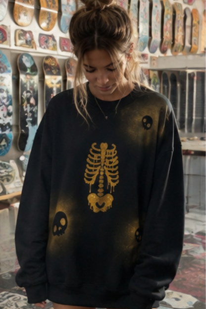 Golden Bones Hand-Painted Skull Sweatshirt | Black Unisex Graphic Sweatshirt