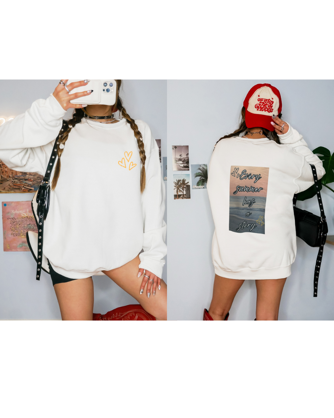 Two images of a person wearing white sweatshirts with different designs, one with a logo and the other with text and graphics.