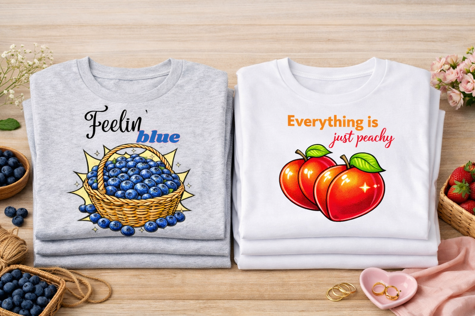 Two shirts with fruit-themed designs on a wooden surface.