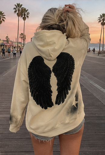 Fallen Angel Hoodie – Hand-Painted Black Wing & Star Mixed-Media Hoodie