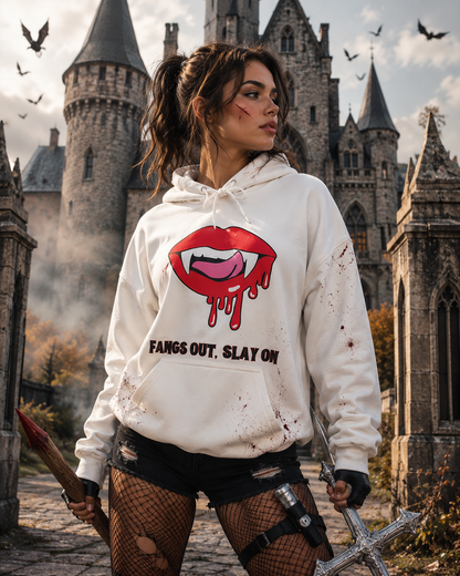 Female vampire slayer wearing a white hoodie with female lips and fangs with "Fangs Out, Slay On" graphic