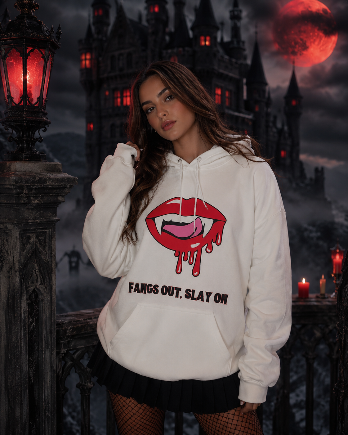 Model wearing a white hoodie with female lips and fangs with "Fangs Out, Slay On" graphic