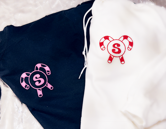 Festive & Cozy | Candy Cane Hoodie in White or Black with Glitter Designs