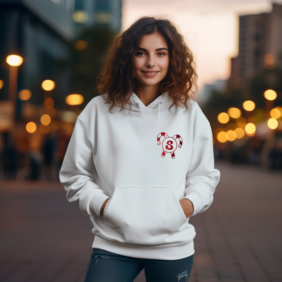 Festive & Cozy | Candy Cane Hoodie in White or Black with Glitter Designs