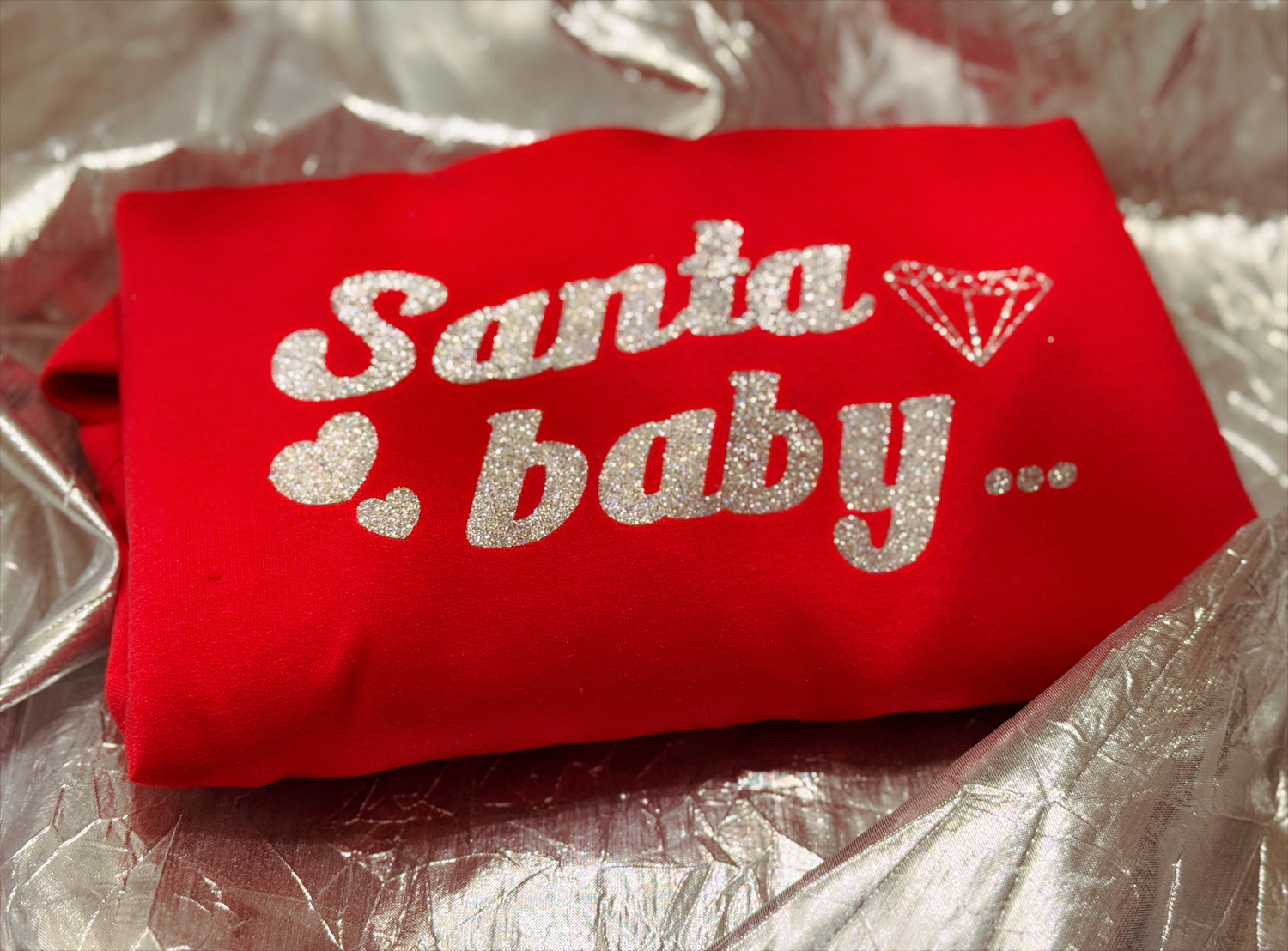 Festive & Flirty | Bright Red "Santa Baby" Sweatshirt with Glitter Silver Graphic