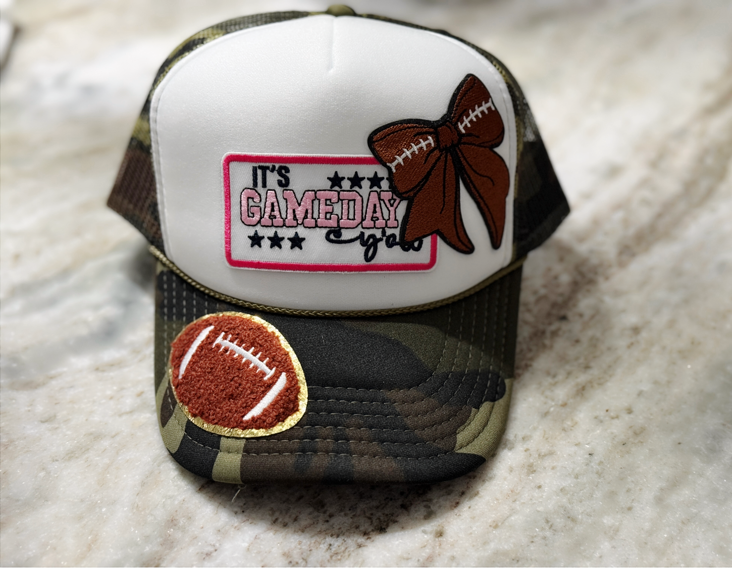 Game Day Bow Trucker Hat | Camo & White “It’s Gameday Y’all” Cap – The Maximalist Boutique
