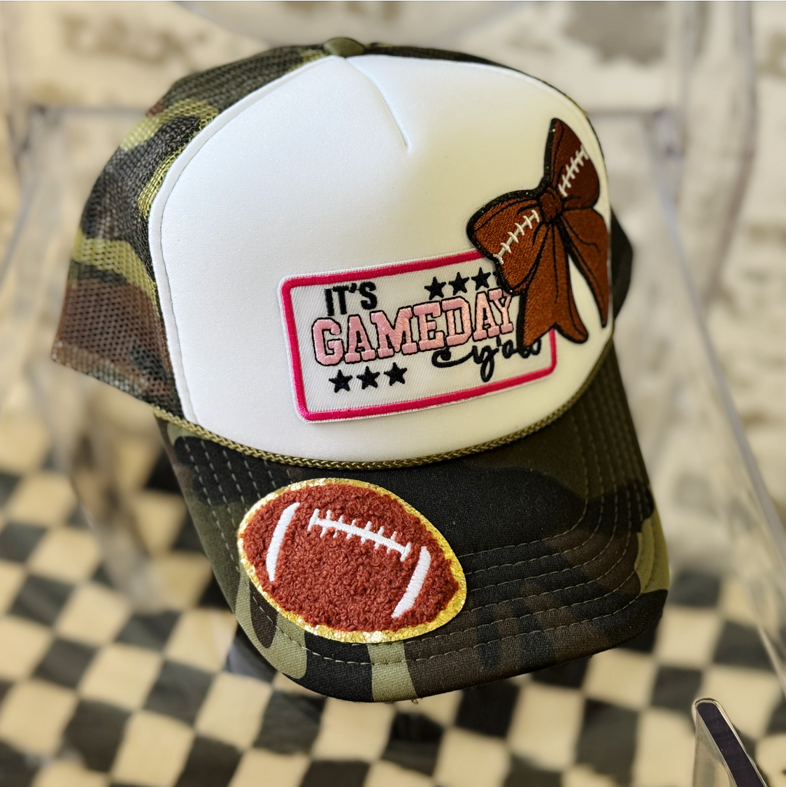 Game Day Bow Trucker Hat | Camo & White “It’s Gameday Y’all” Cap – The Maximalist Boutique