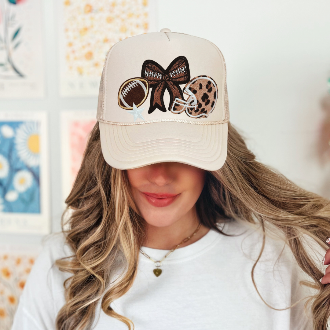 Gameday Glam Trucker Hat – Sand Hat with Leopard Helmet & Football Patch