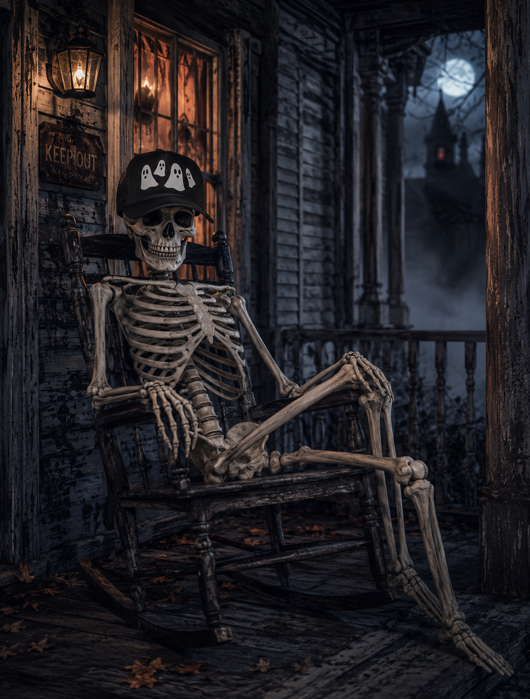 Skeleton wearing a black trucker hat with ghosts graphic