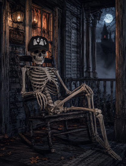 Skeleton wearing a black trucker hat with ghosts graphic