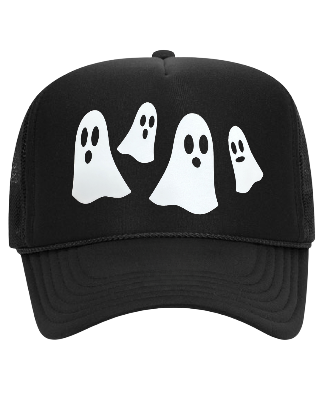  a black trucker hat with ghosts graphic