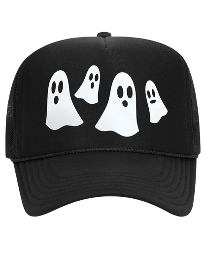  a black trucker hat with ghosts graphic