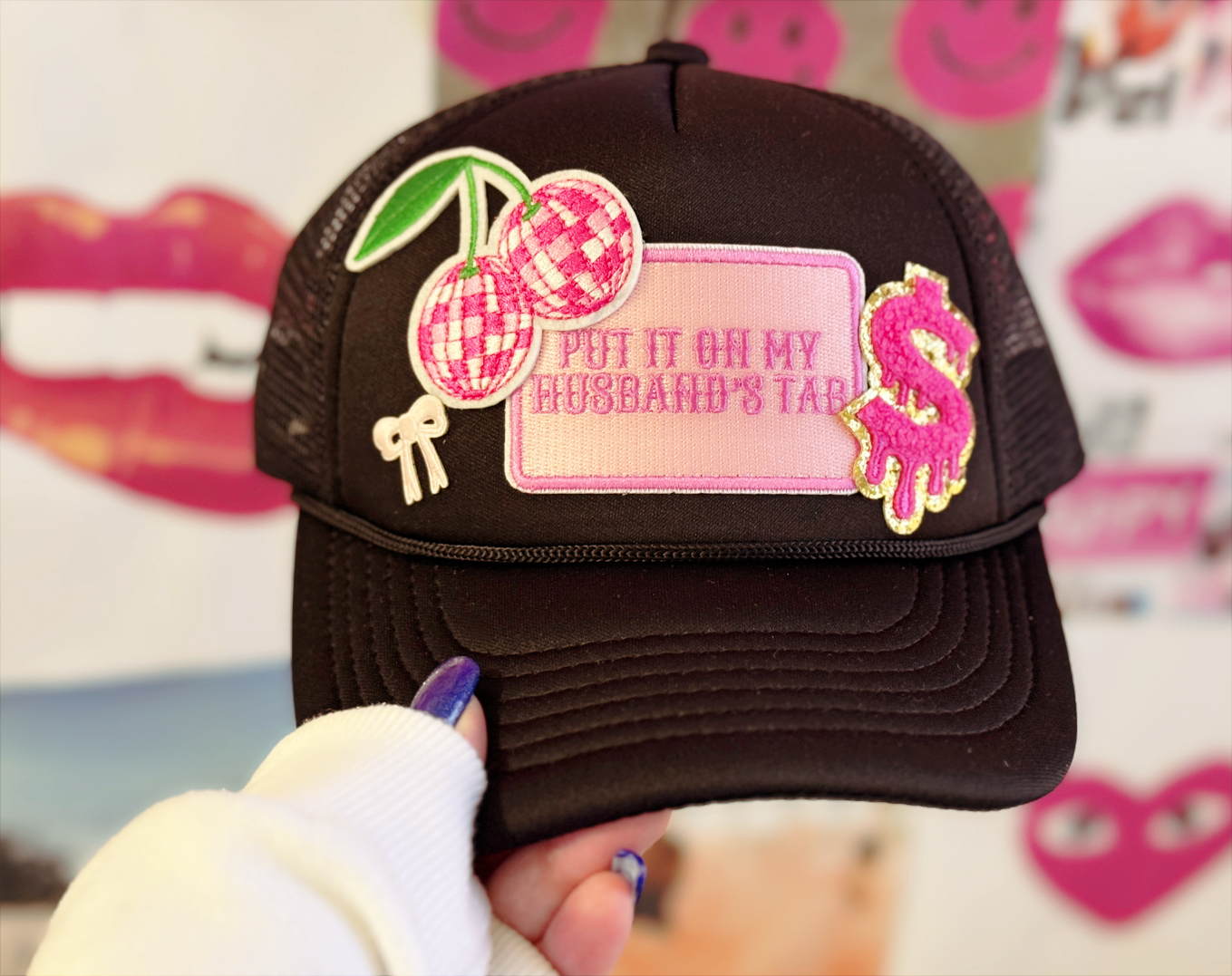 Glam & Sass | Black Trucker Hat with Pink "Put It on My Husband's Tab" & Chic Graphics