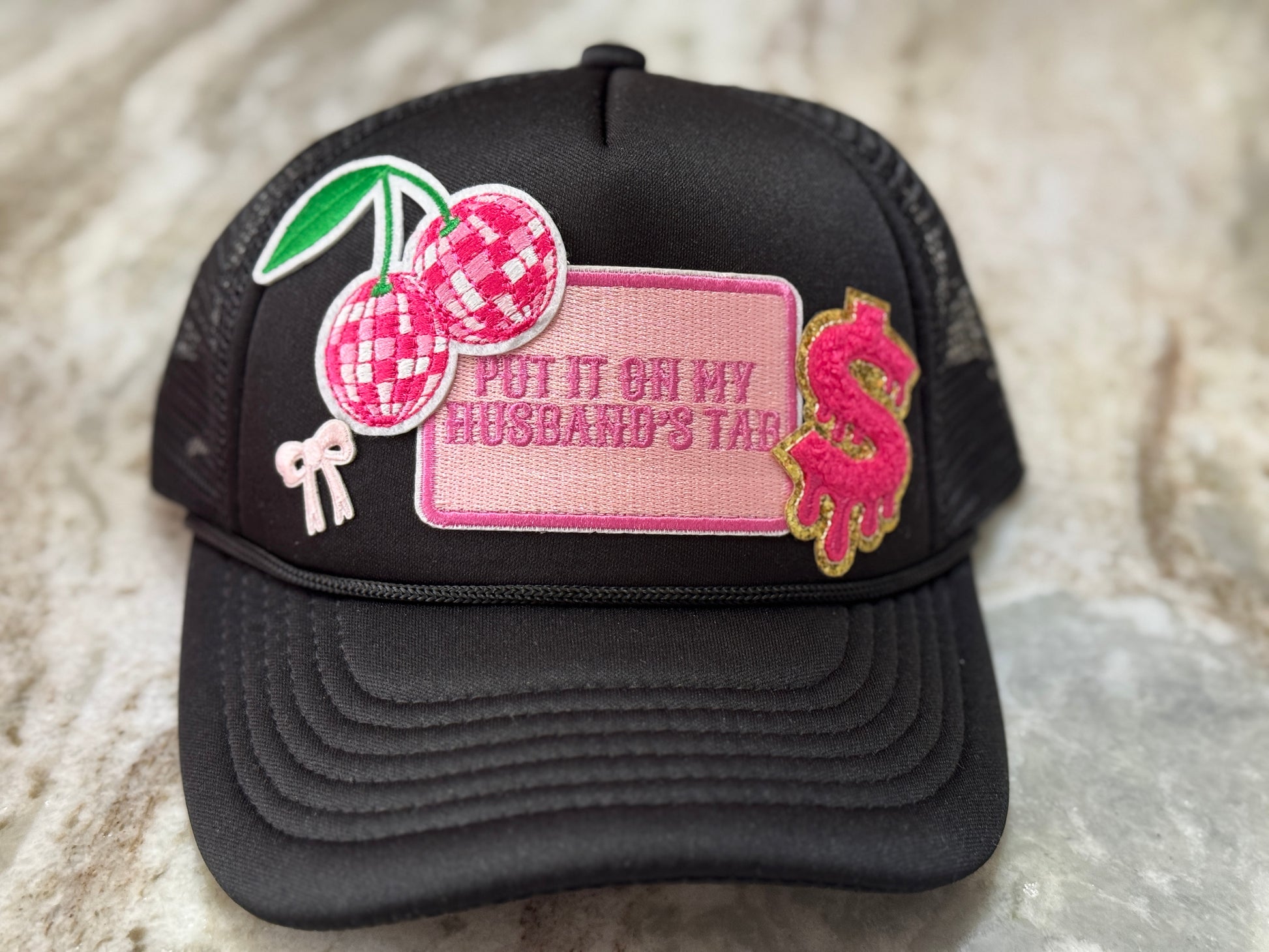 Glam & Sass | Black Trucker Hat with Pink "Put It on My Husband's Tab" & Chic Graphics