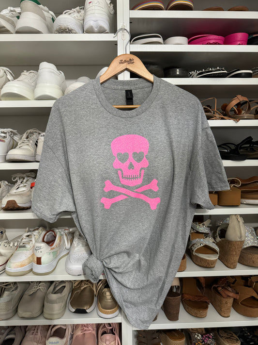 Glitter & Edge | Heather Gray Tee with Bubblegum Pink Glitter Skull