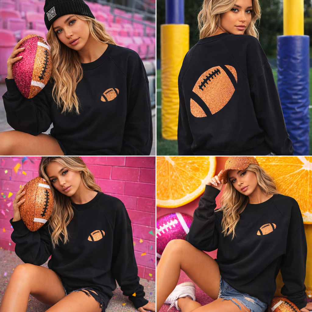 Woman wearing a black sweatshirt with a football design, holding a football in various settings.