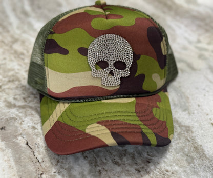 Glitz & Grit Trucker Hat – Camo with Rhinestone Skull Graphic, Bold & Sparkling
