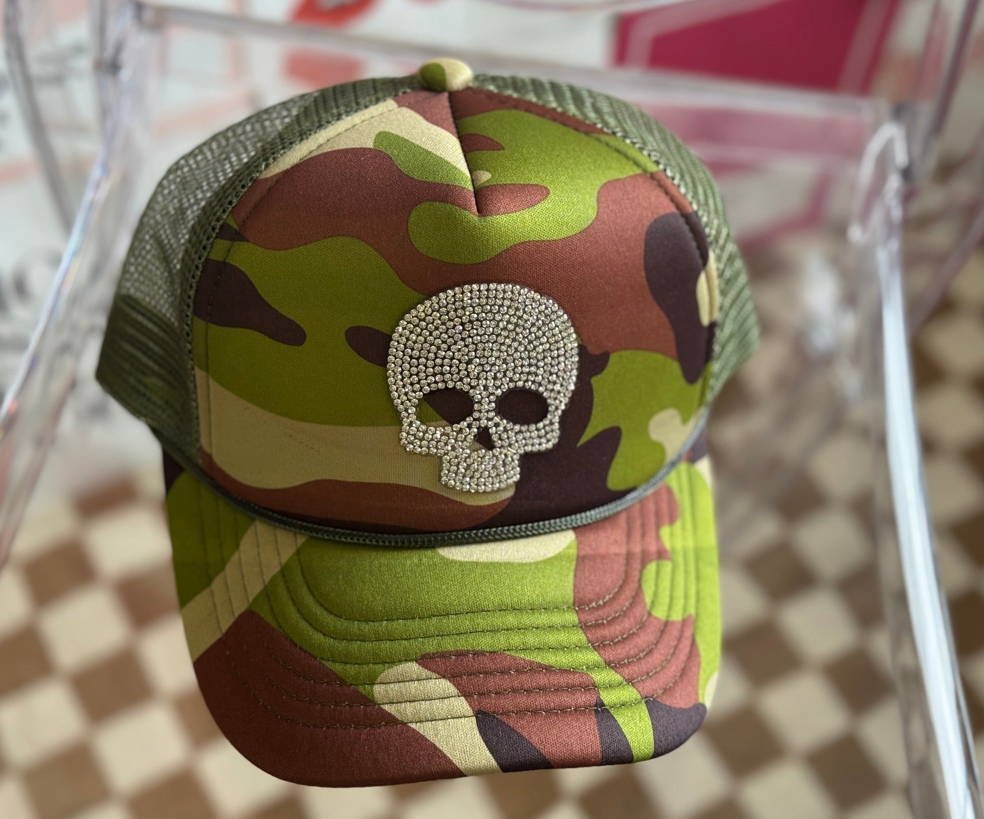 Glitz & Grit Trucker Hat – Camo with Rhinestone Skull Graphic, Bold & Sparkling
